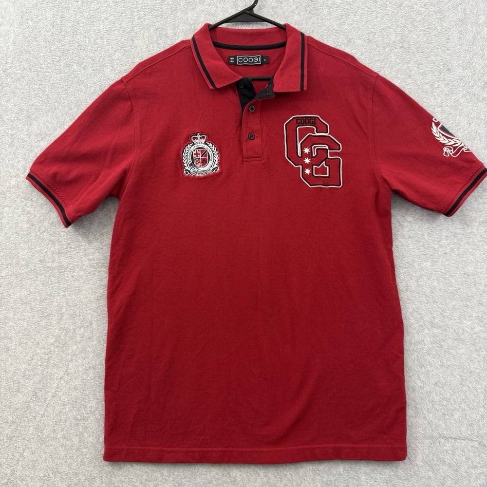 Coogi Shirt Mens Large Red‎ Polo Varsity Patch Preppy Y2K Vintage Cotton
